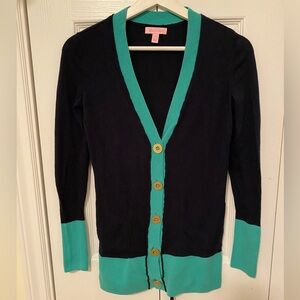 Lilly Pulitzer Heidi Cardigan in All Wrapped Up Colorblock Navy / Lagoon Green